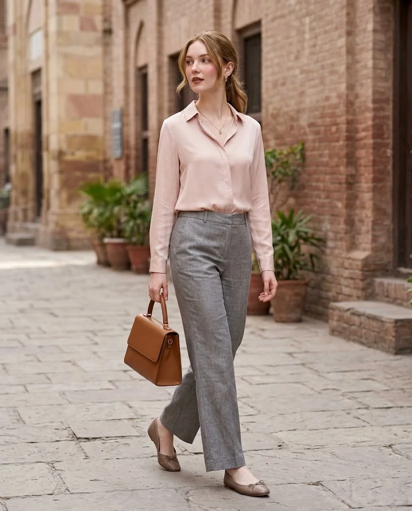 Elegant Old Money Outfits for Women: 20+ Timeless Ideas 21 women wearing Soft Blush Blouse With Gray Trousers