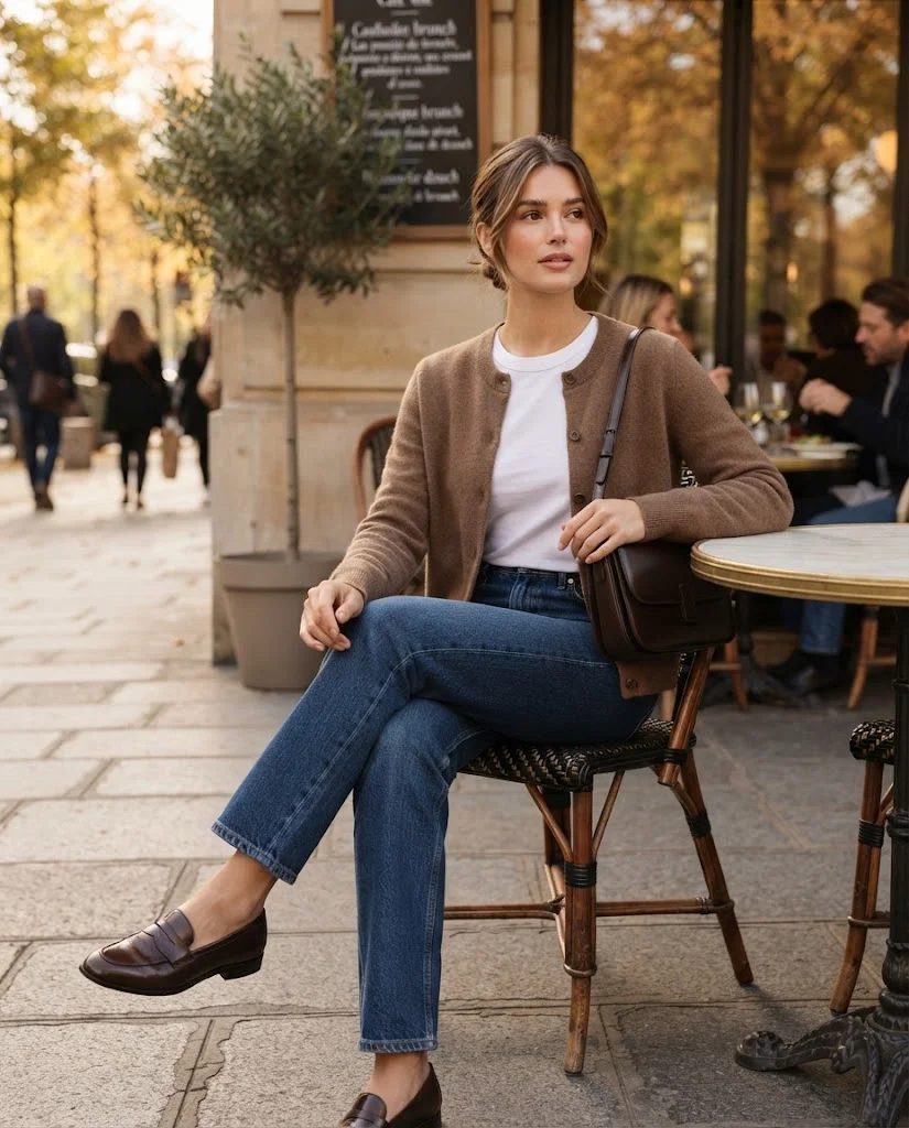 Soft Brown Cardigan with Dark Jeans, an elegant old money fall brunch outfit for women