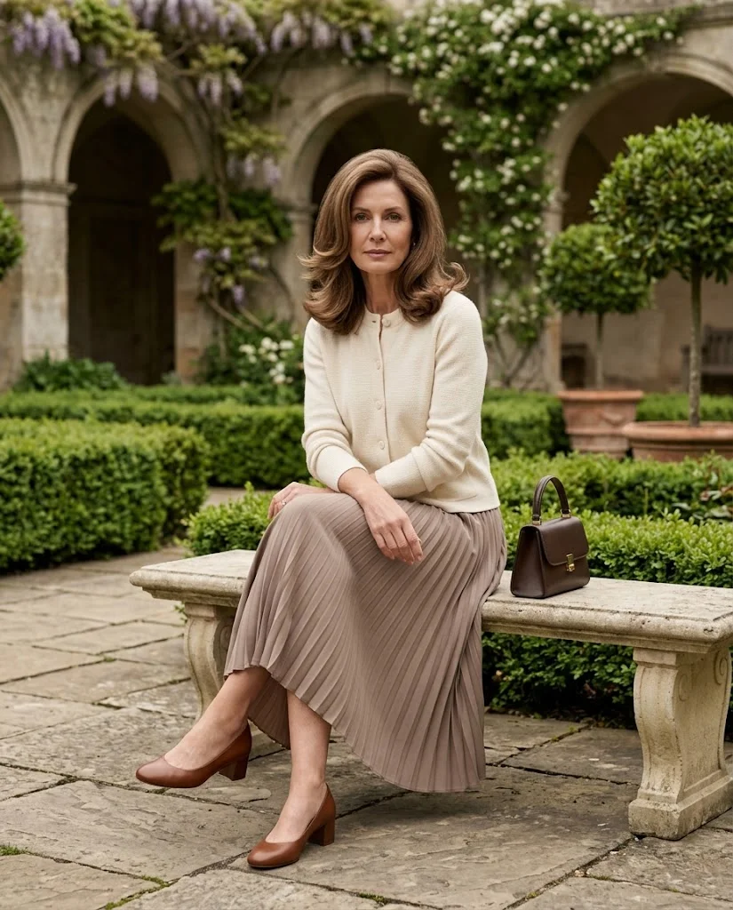 women wearing Soft Cardigan Jacket With a Pleated Skirt