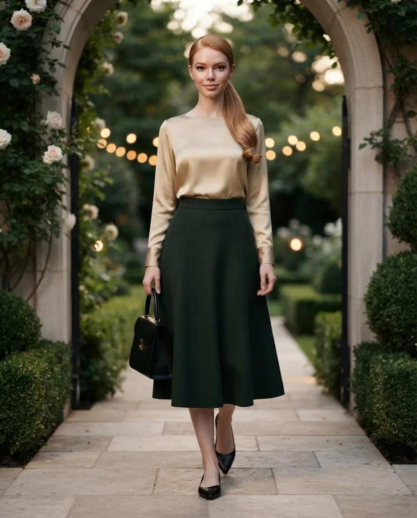 women wearing Soft Gold Blouse With a Dark A-Line Skirt