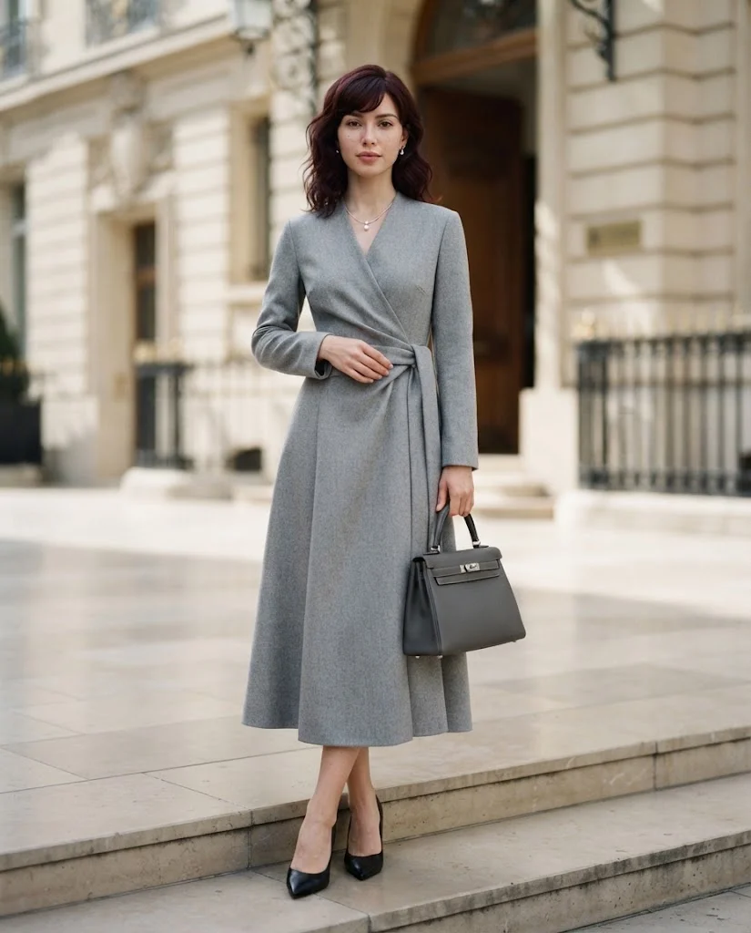 women wearing Soft Gray Wrap Dress With Classic Pumps