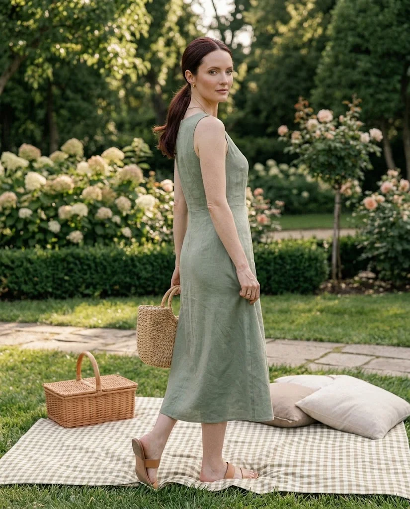 women wearing Soft Green Midi Dress With Neutral Accessories