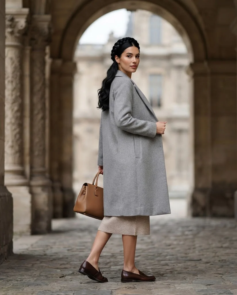 Soft Grey Lightweight Wool Coat with a Knit Midi Dress, an elegant old money warm-weather fall outfit for women