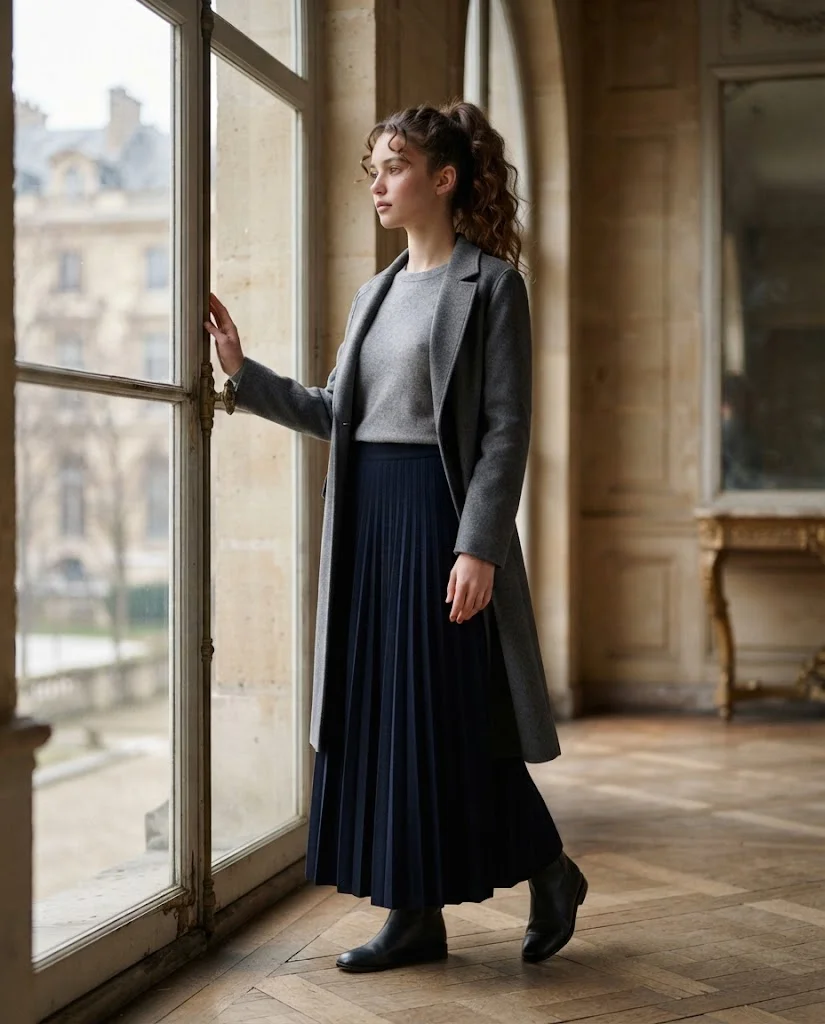 women wearing Soft Grey Sweater With Long Pleated Skirt
