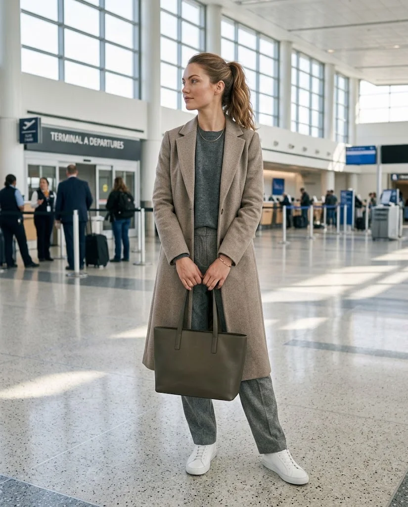 Old Money Airport Outfits: 20+ Chic Travel Looks for Women 15 women wearing Soft Monochrome Grey Travel Look