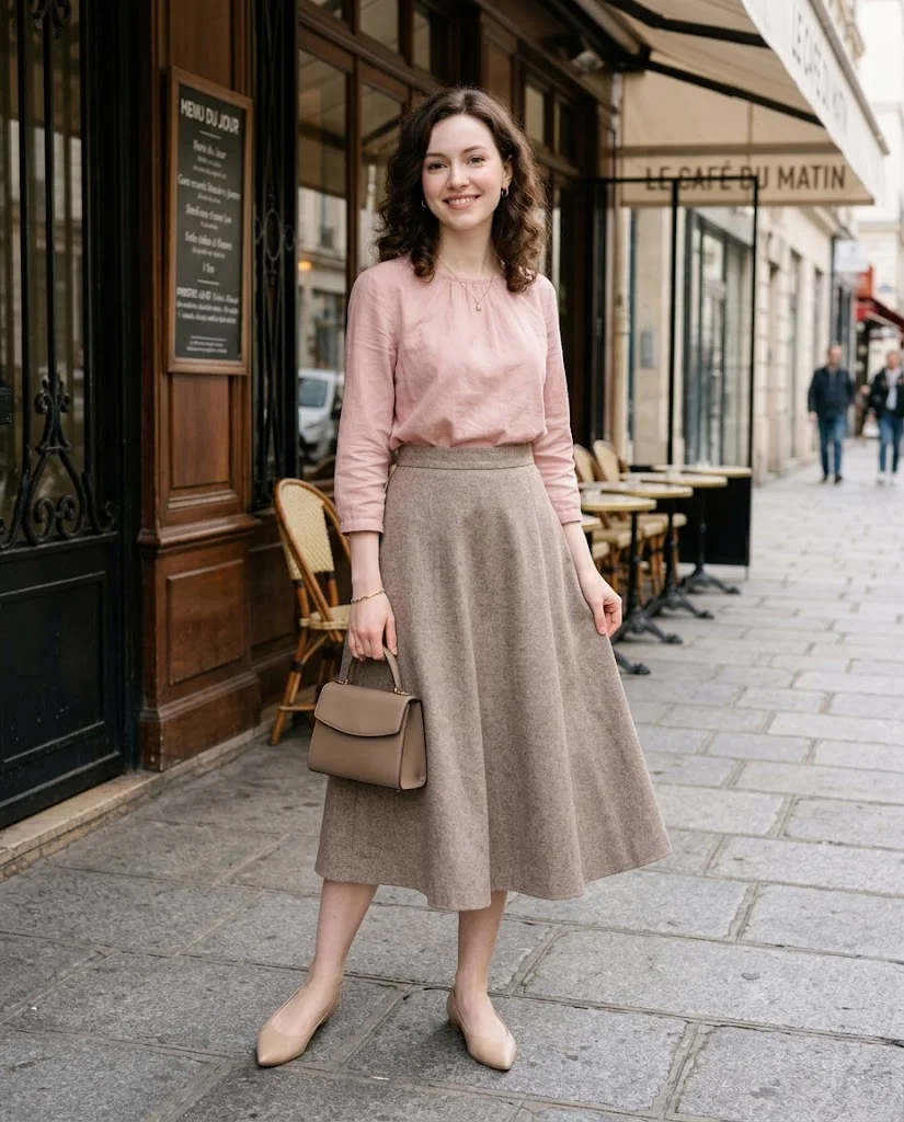women wearing Soft Pink Blouse With Taupe A-Line Skirt