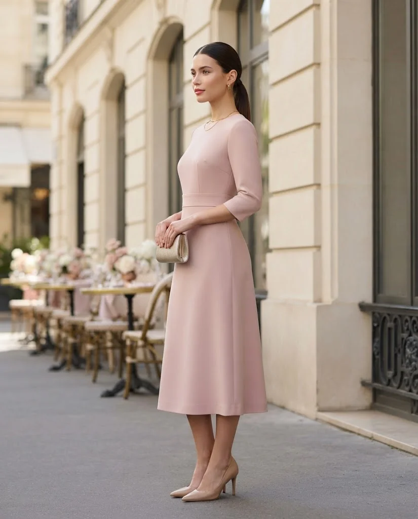 women wearing Soft Pink Dress With Nude Heels