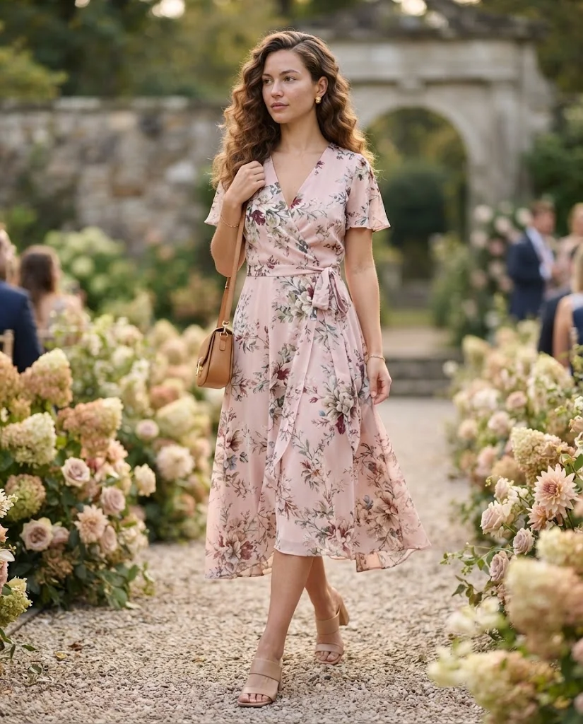 women wearing Soft Pink Floral Wrap Dress
