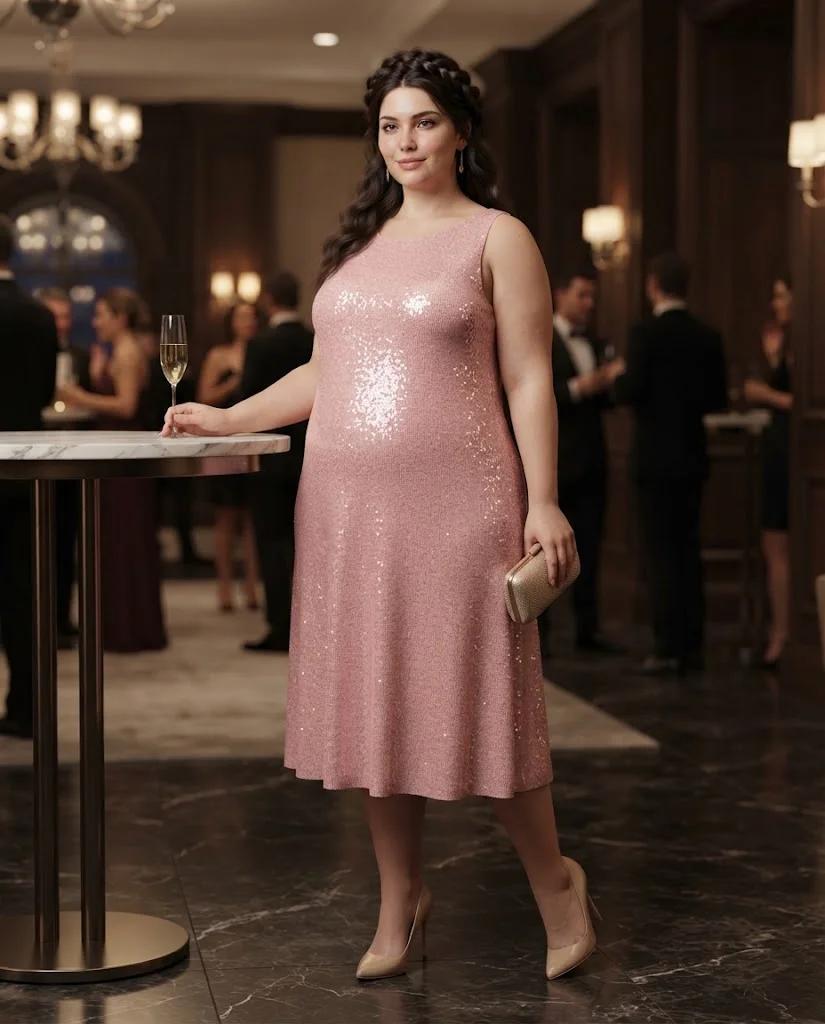 Soft Pink Sequin Midi Dress With Nude Pumps Plus Size Cocktail Party Outfit