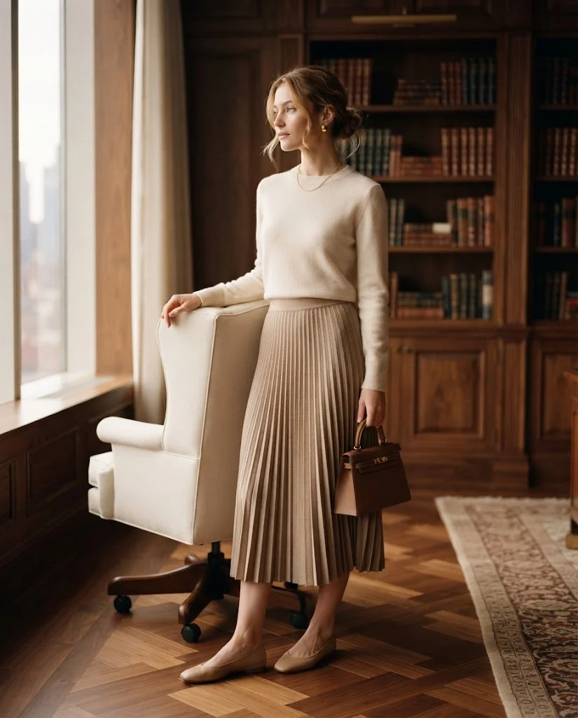 women wearing Soft Sweater With a Pleated Skirt