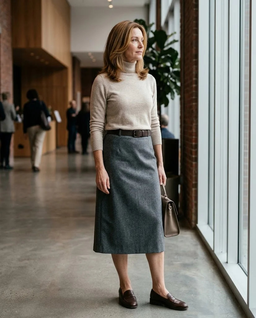 women wearing Soft Turtleneck With a Tailored Midi Skirt