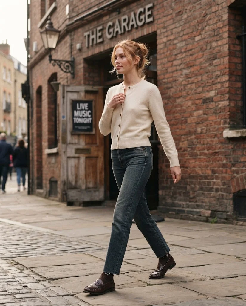 women wearing Straight Jeans With a Fine-Knit Cardigan