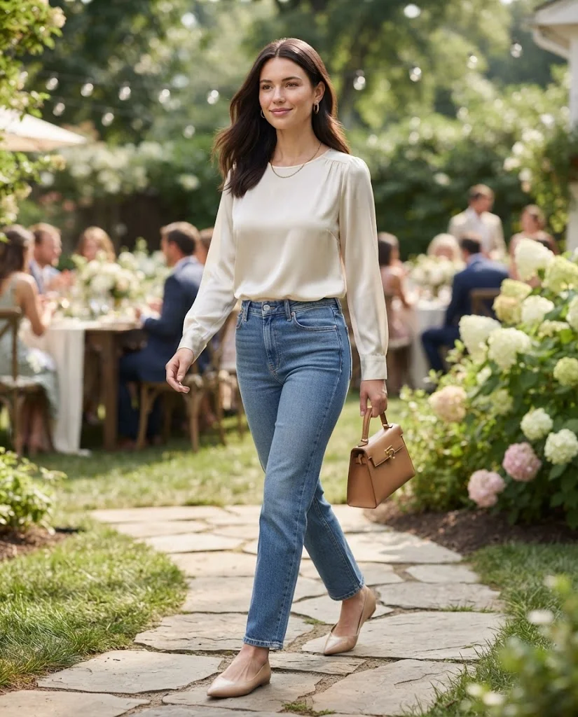 women wearing Straight-Leg Jeans With a Dressy Blouse