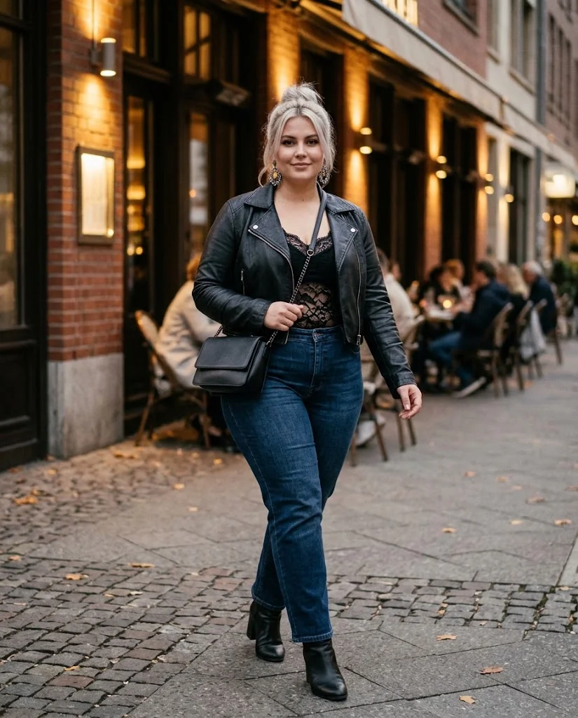 Straight-Leg Jeans With a Lace Top and Leather Jacket Plus Size Fall Date Night Outfit