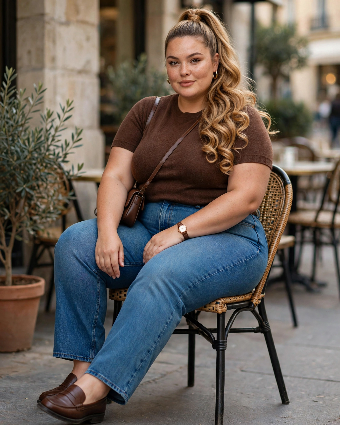 Straight-Leg Jeans With a Short-Sleeve Knit Top Plus Size Early Fall Outfit