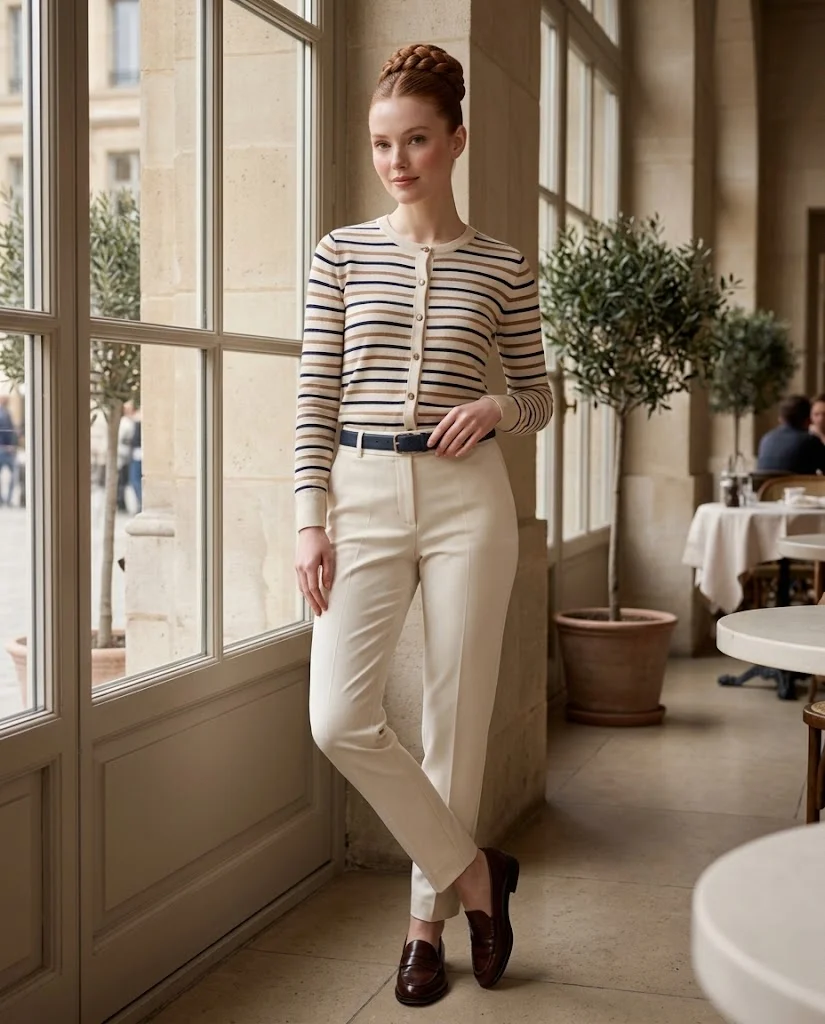women wearing Striped Cardigan With Tailored Pants