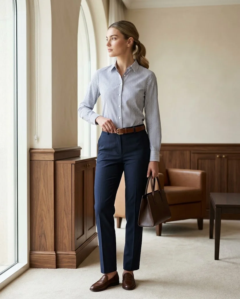 women wearing Striped Shirt With Navy Trousers