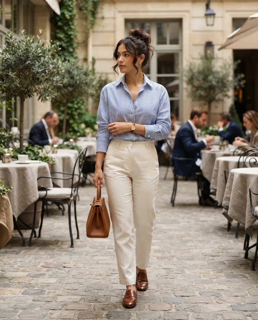 Old Money Brunch Outfits: 20+ Chic Ideas for Women 8 women wearing Striped Shirt With Straight-Leg Pants