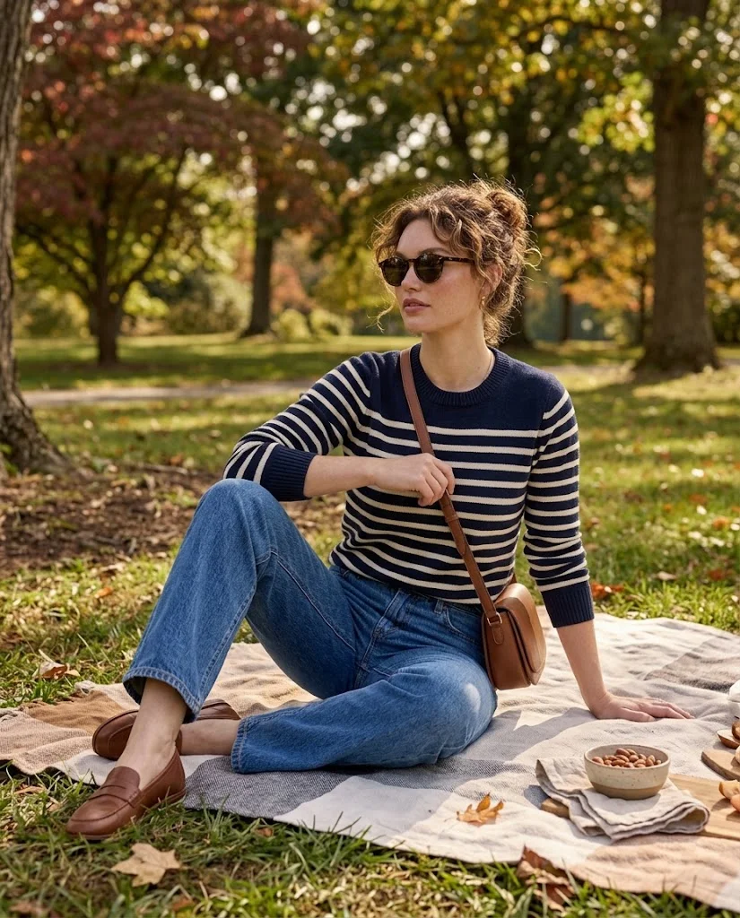 women wearing Striped Sweater With Relaxed Jeans
