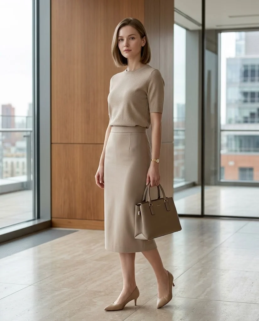  women wearing Structured Knit Top With a Pencil Midi Skirt