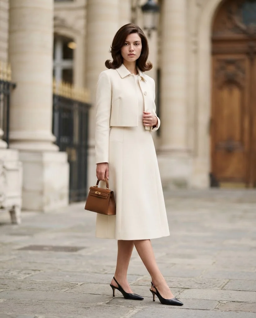 women wearing Structured Midi Dress With a Cropped Jacket