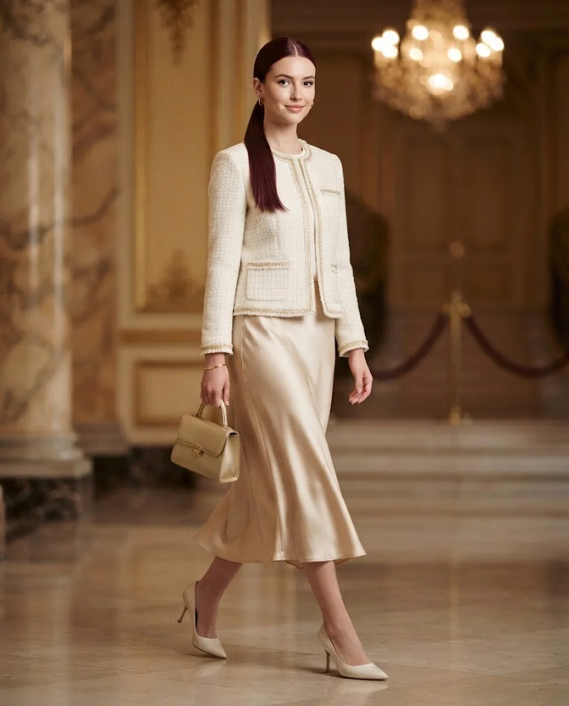 women wearing Structured Tweed Jacket With a Silk Midi Skirt