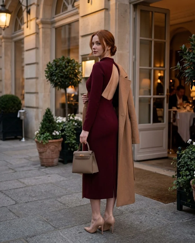 Subtle Backless Burgundy Dress with a Long Wool Coat, an elegant old money fall dinner outfit for women