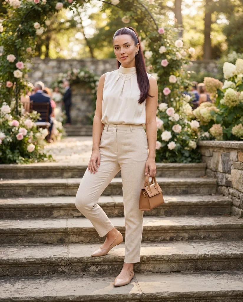 women wearing Tailored Ankle Pants With a Sleeveless Blouse