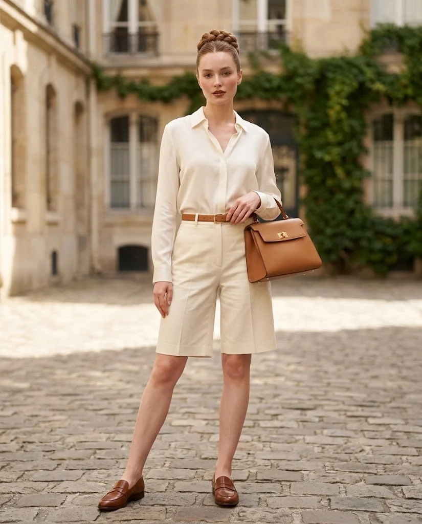 Elegant Old Money Outfits for Women: 20+ Timeless Ideas 11 women wearing Tailored Bermuda Shorts With a Silk Blouse