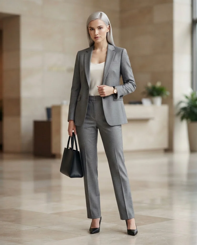 women wearing Tailored Gray Suit With a Silk Shell