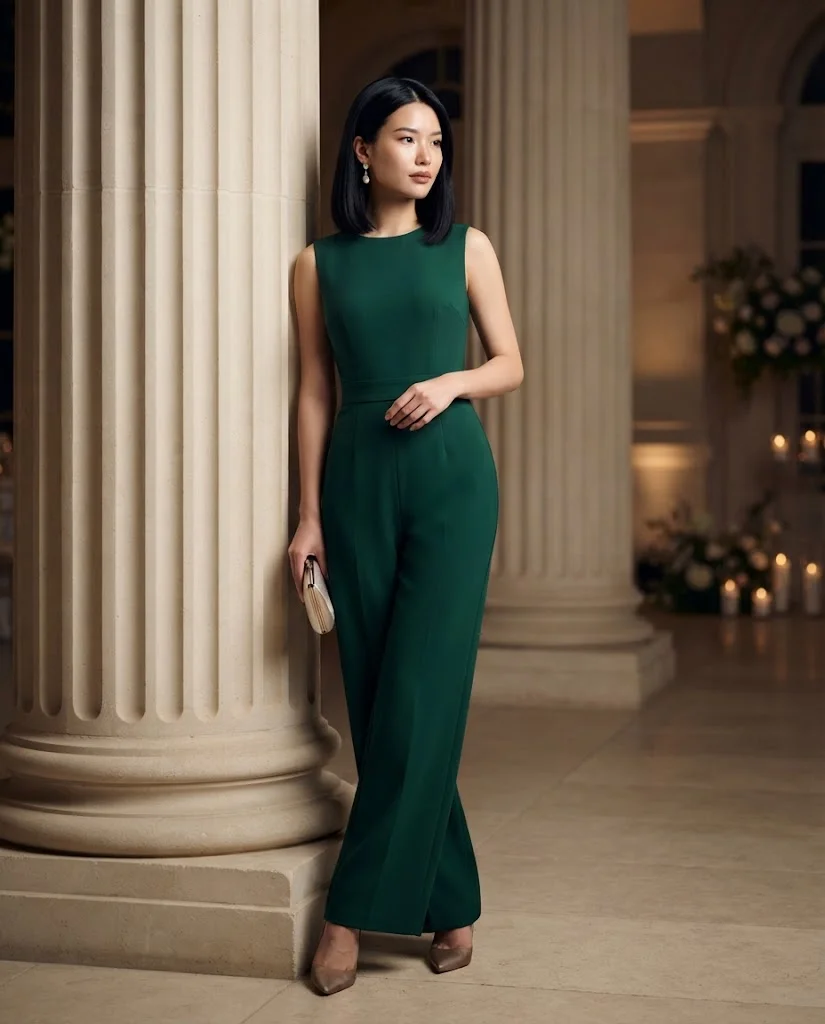 women wearing Tailored Jumpsuit With Statement Earrings