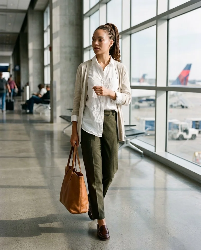 Old Money Airport Outfits: 20+ Chic Travel Looks for Women 4 women wearing Tailored Pants With a Relaxed White Shirt