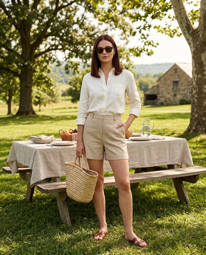 women wearing Tailored Shorts With a Button-Down Shirt