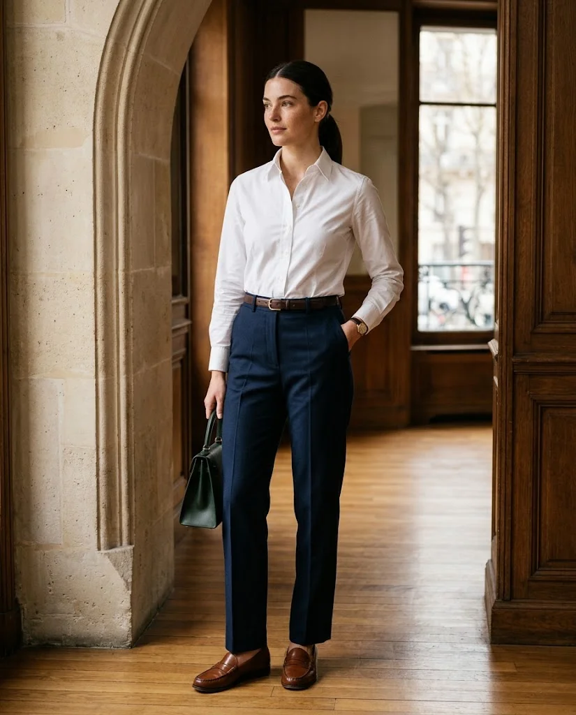 women wearing Tailored Trousers With a Crisp White Shirt