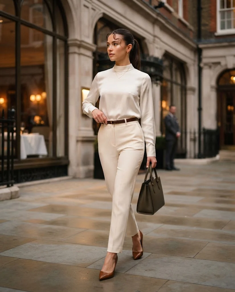 women wearing Tailored Trousers and a Silk Blouse