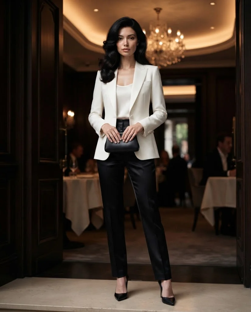 women wearing Tailored White Dinner Jacket With Satin Trousers