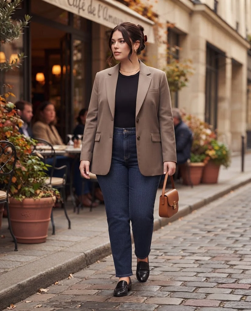 Plus Size Fall Brunch Outfits: Chic Looks for Crisp Autumn Days 16 Taupe Blazer With a Black Top and Straight-Leg Jeans Plus Size Fall Brunch Outfit