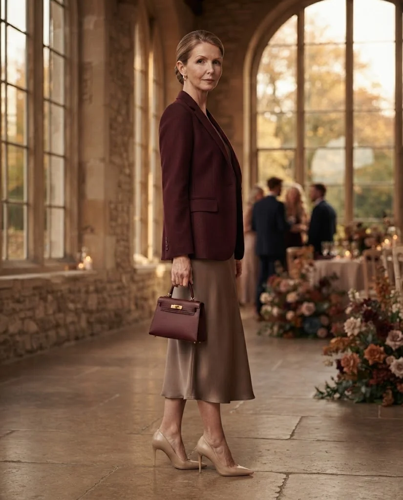 Taupe Midi Dress with Burgundy Blazer, a semi-formal wedding guest outfit for women over 50