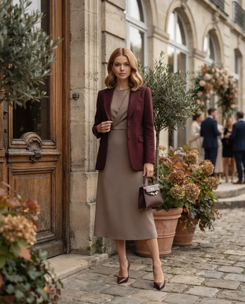women wearing Taupe Midi Dress With a Burgundy Blazer