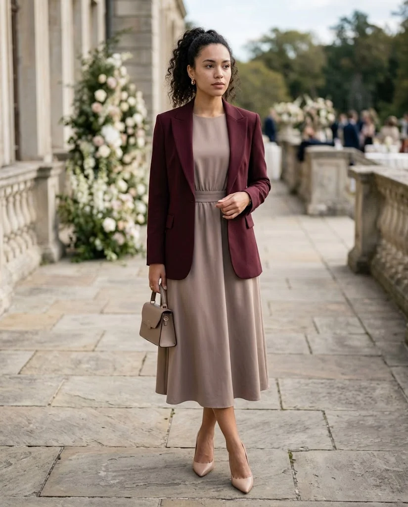 women wearing Taupe Midi Dress With a Burgundy Blazer