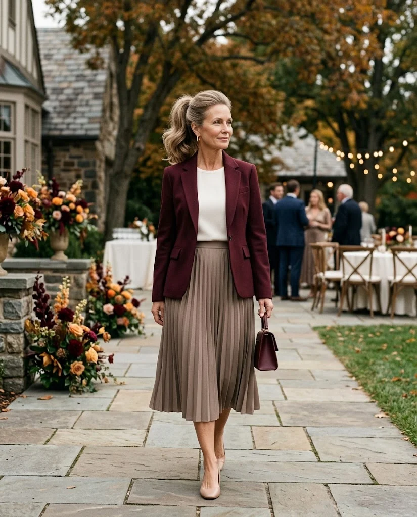 Taupe Pleated Midi with Burgundy Blazer, a fall wedding guest outfit for women over 50