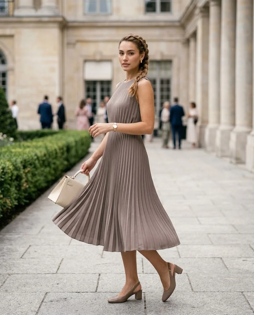 women wearing Taupe Pleated Midi Dress With Slingbacks