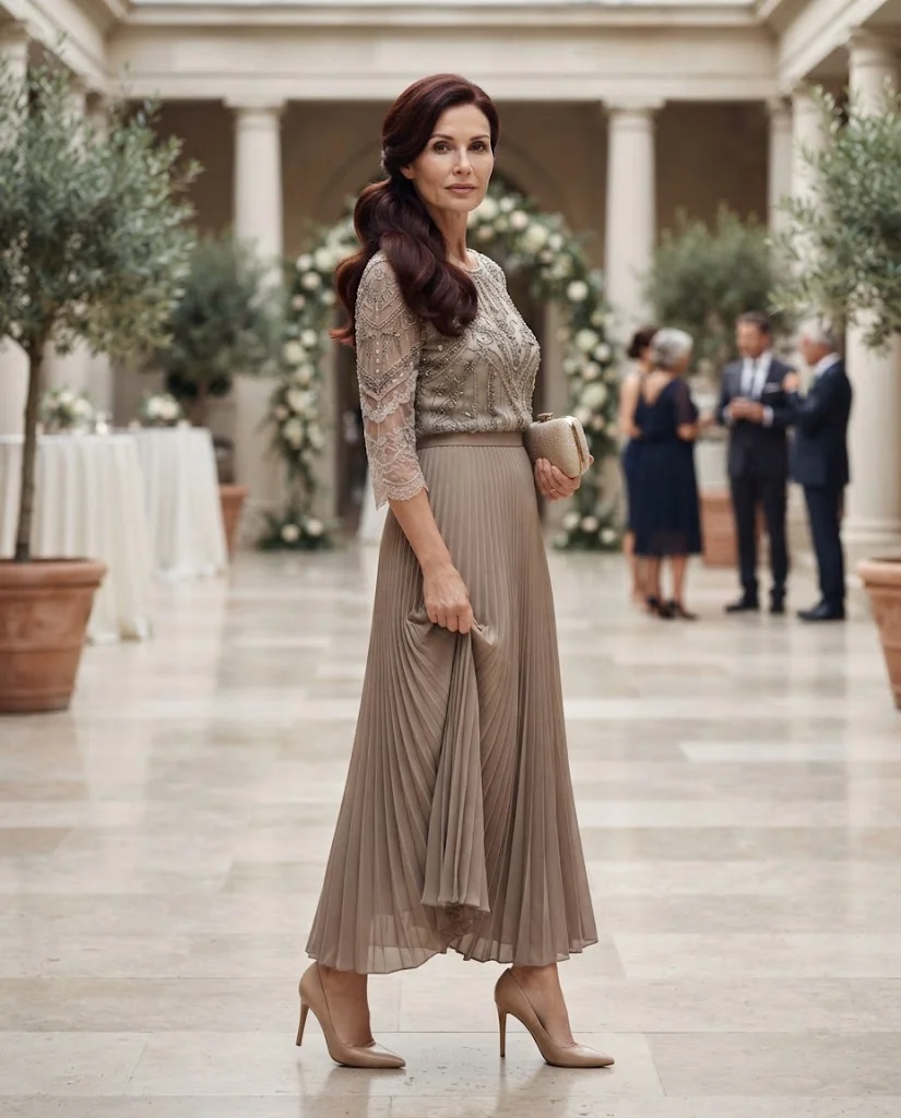Chic Formal Wedding Guest Outfits for Women Over 50: 20+ Elegant Ideas 22 Taupe Pleated Skirt with Embellished Blouse, a formal wedding guest outfit for women over 50