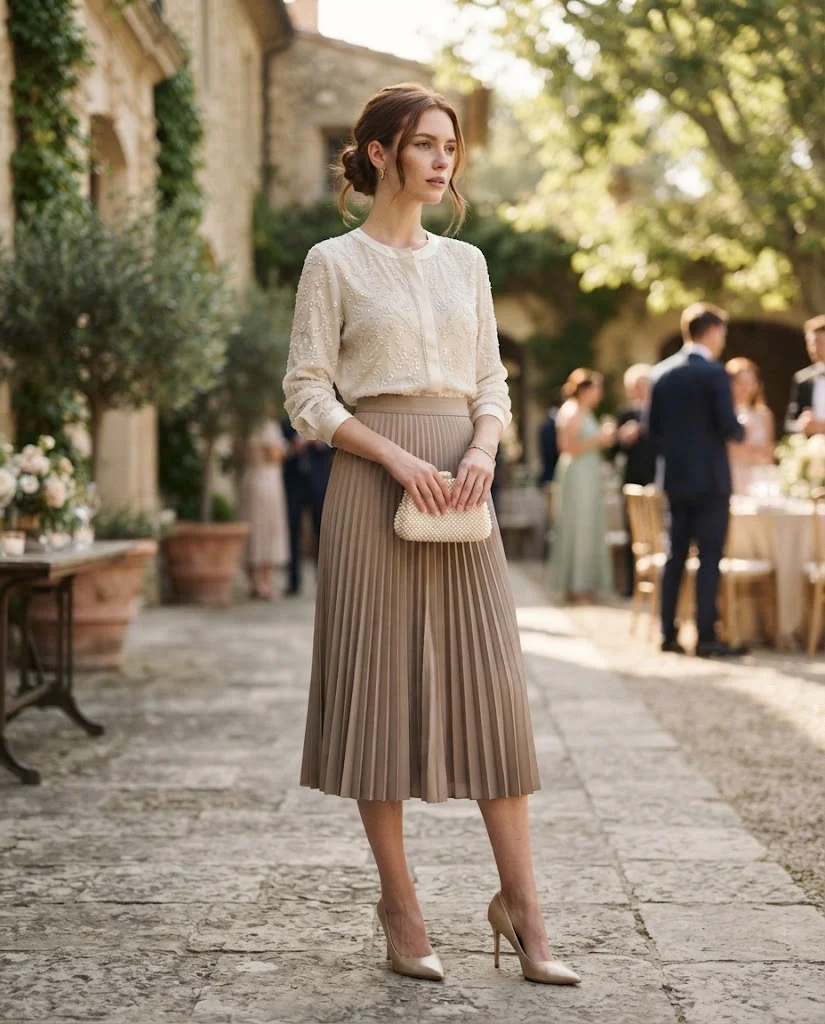 women wearing Taupe Pleated Skirt With Embellished Blouse