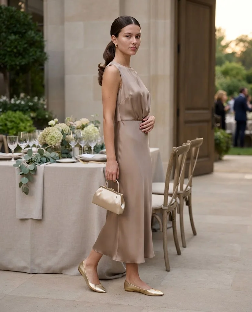 women wearing Taupe Satin Midi Dress With Metallic Flats