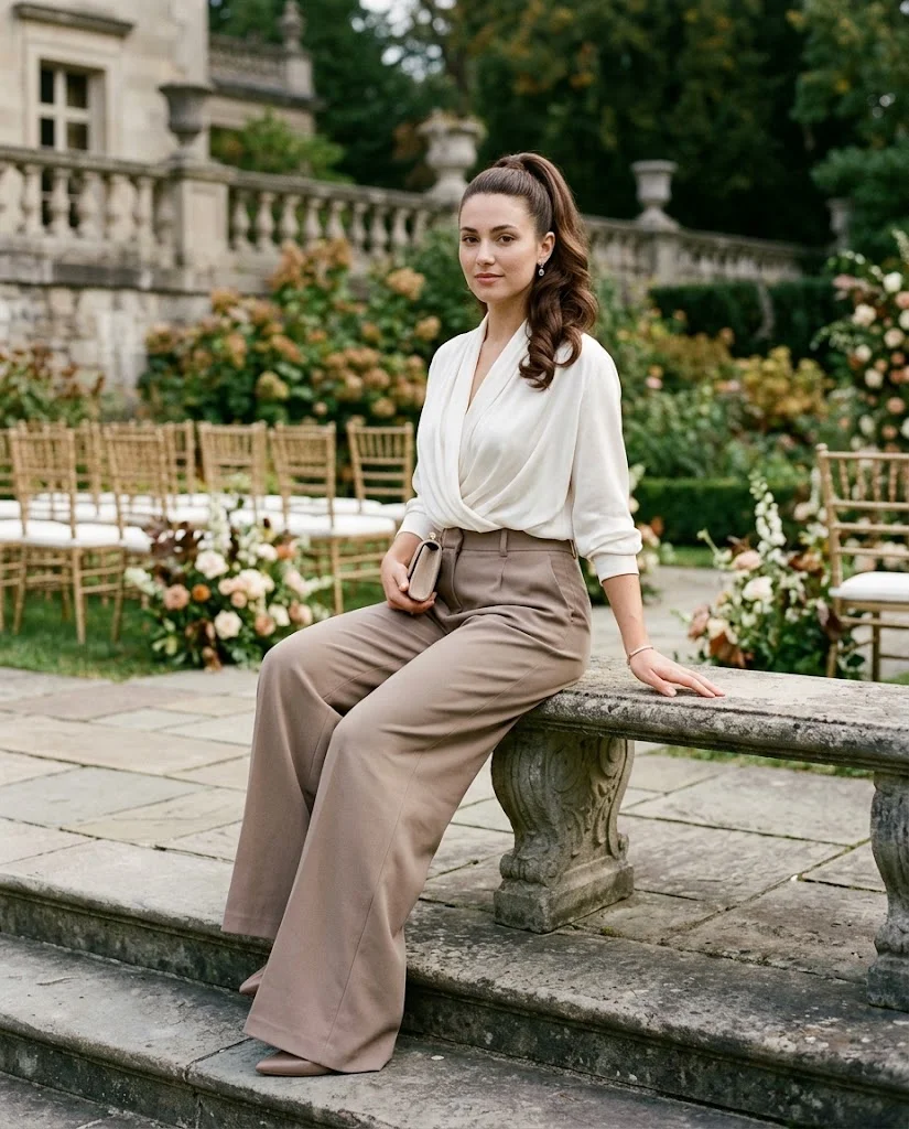 women wearing Taupe Wide-Leg Trousers With a Draped Blouse