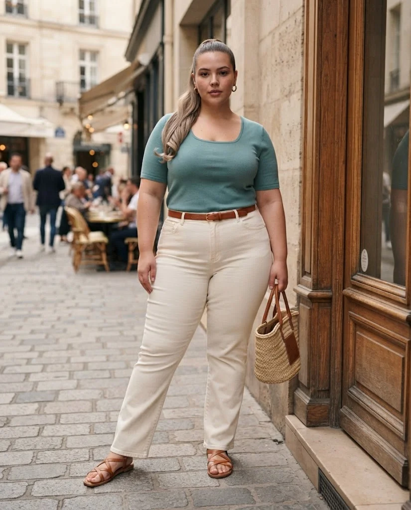 Teal Knit Top With Ecru Bootcut Jeans Plus Size Casual Outfit