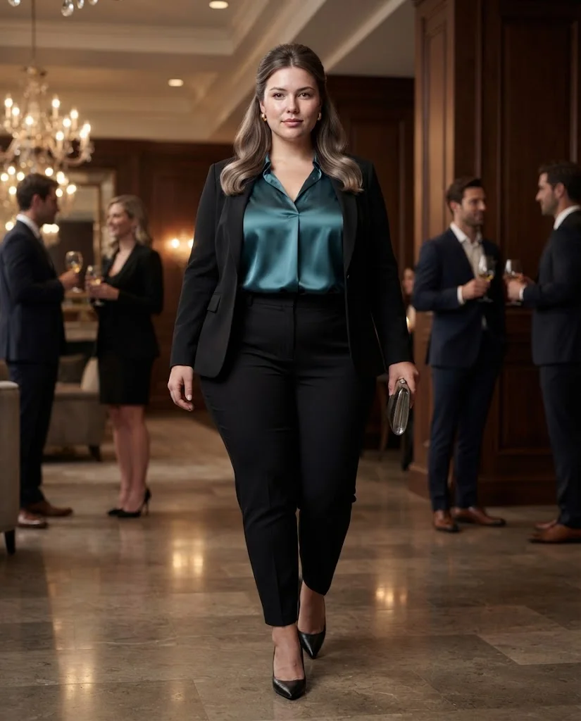 Teal Satin Blouse With Black Tapered Trousers Plus Size Cocktail Party Outfit