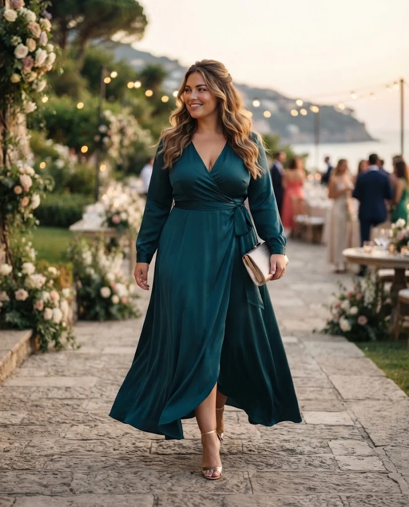 women wearing Teal Wrap Maxi Dress With Metallic Heels