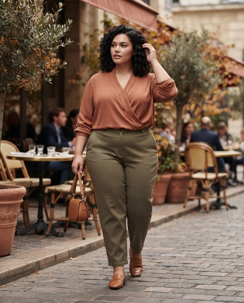 Plus Size Fall Brunch Outfits: Chic Looks for Crisp Autumn Days 12 Terracotta Blouse With Olive Trousers Plus Size Fall Brunch Outfit